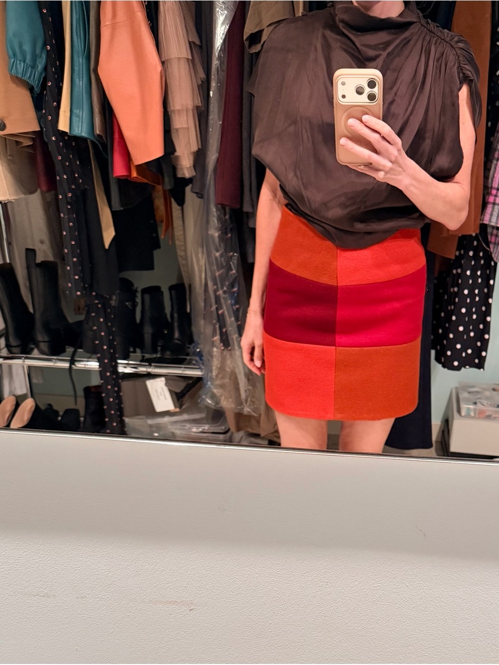 Two-Tone Red & Orange Colorblock Mini Skirt